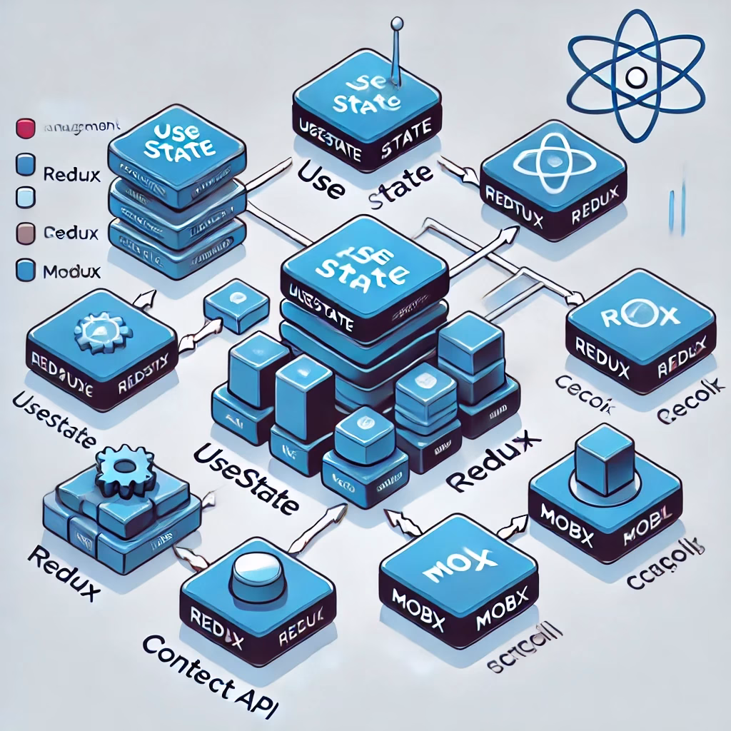 React state management, useState, React Context API, Redux, Recoil, MobX, Zustand, state management libraries, React performance